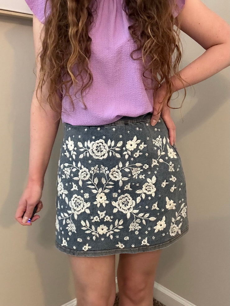 Curvy Floral Denim Skirt