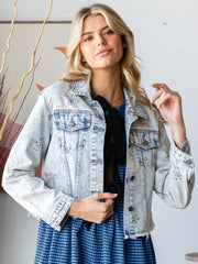 Butterfly Rhinestone Cropped Denim Jacket