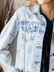 Butterfly Rhinestone Cropped Denim Jacket