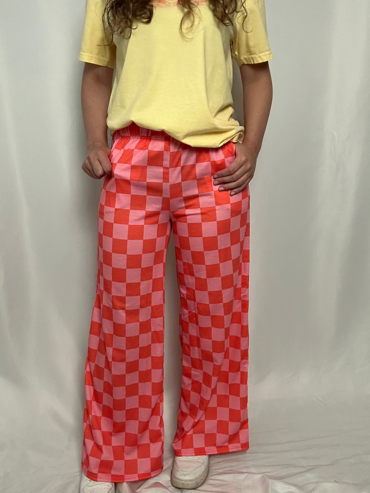 Pink & Orange Checkered Straight Leg Pants