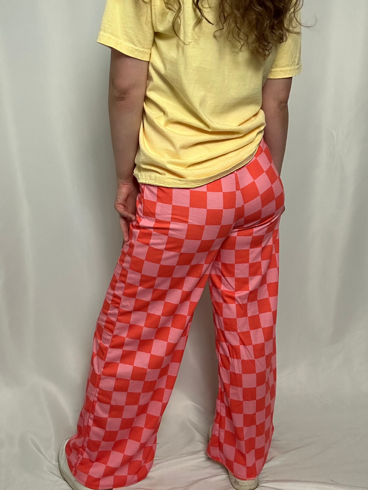 Pink & Orange Checkered Straight Leg Pants