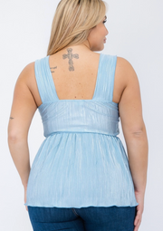Sleeveless babydoll top with a v-neck and micro pleats in a gorgeous, shimmery blue fabric.  It is made with 100% polyester.